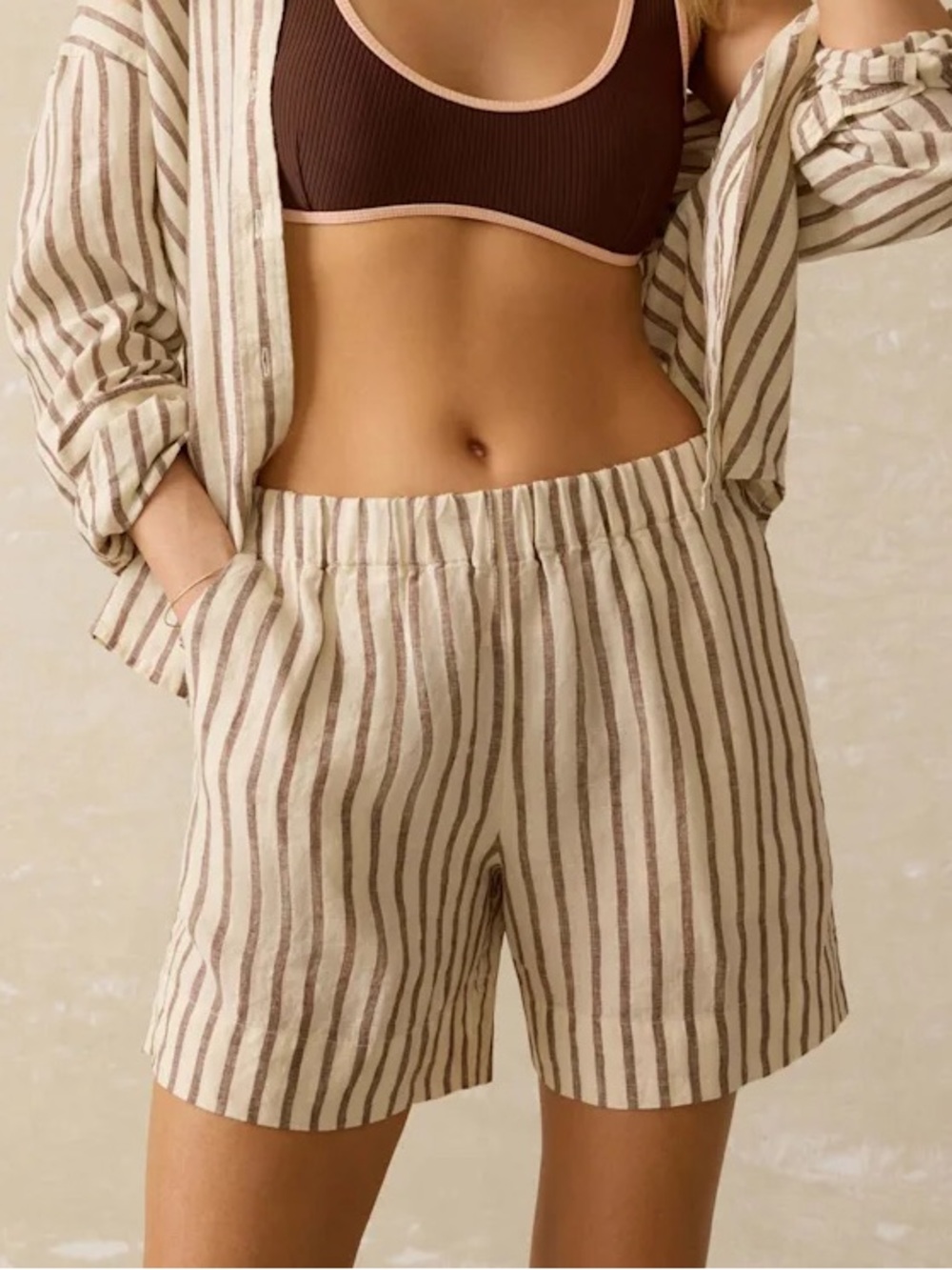 Faherty Laguna Linen Bayview Short Pull On Cocoa Grove Stripe. Sk4